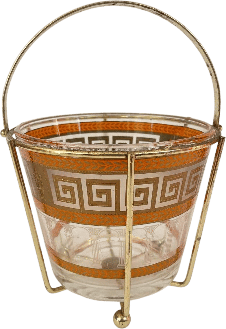 Vintage Culver Greek Key Gold Orange Ice Bucket with Metal Caddy