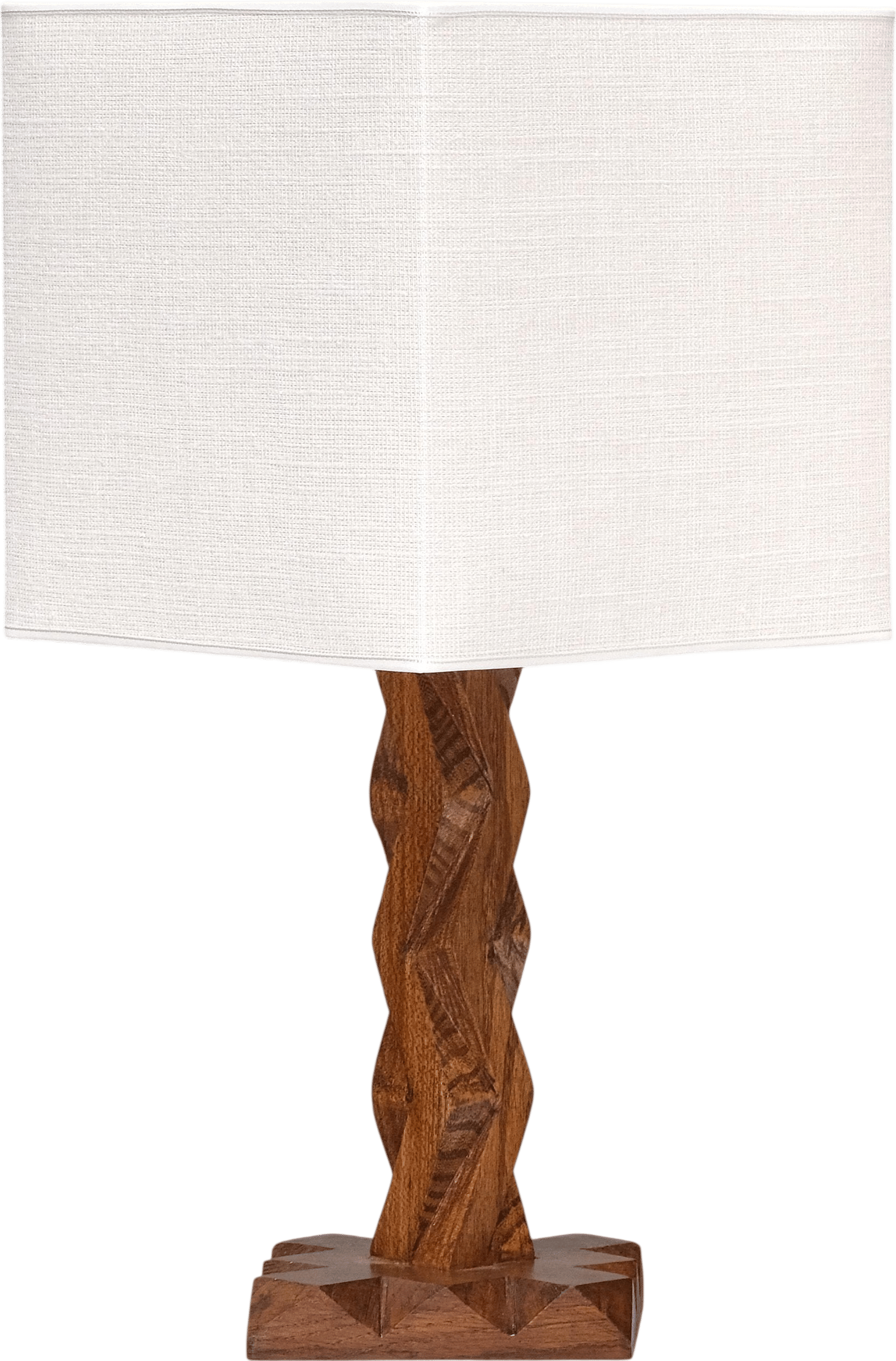 French Art Deco Geometric Oak Table Lamp with Linen Shade