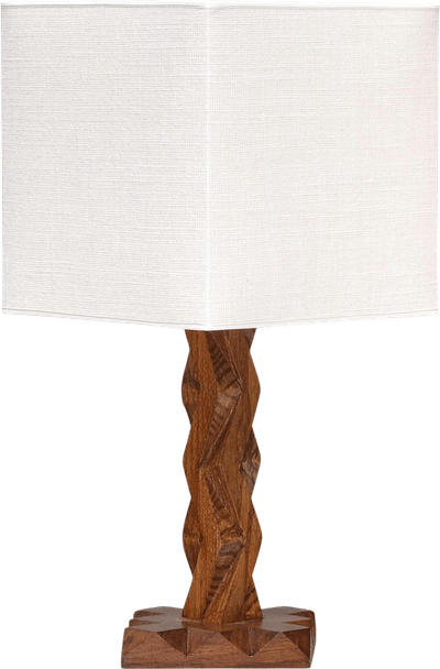 French Art Deco Geometric Oak Table Lamp with Linen Shade