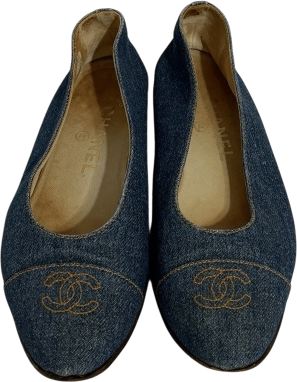 Vtg Chanel Blue Denim CC Logo Flats 36.5