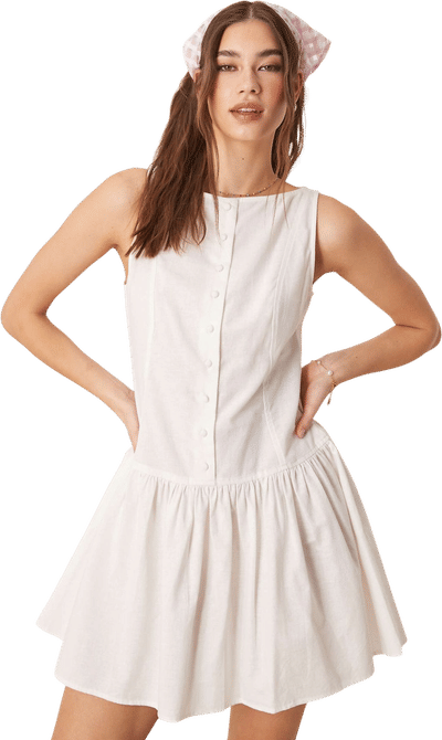 Slash Neck Button Down Dropped Waist Mini Dress