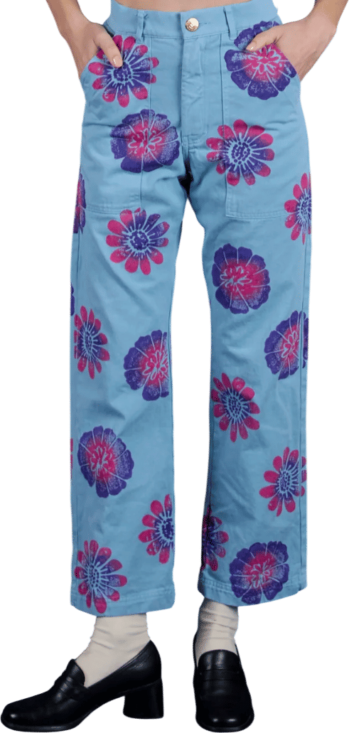 Floral Painted Work Pants - Blue