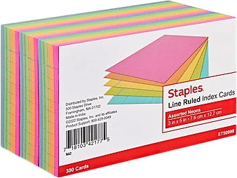 Staples Index Cards, 3" x 5", Lined, Neon Assorted Colors, 300 Pack