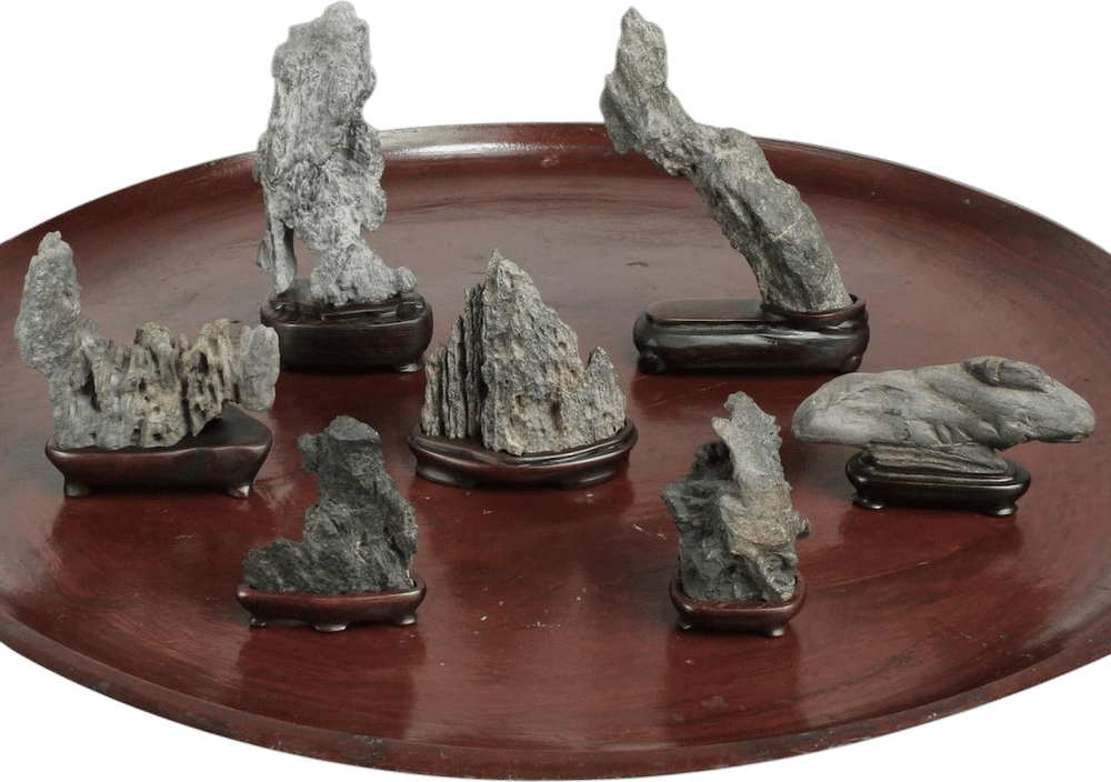 Rare Miniature Suiseki Set on Ebony Daiza