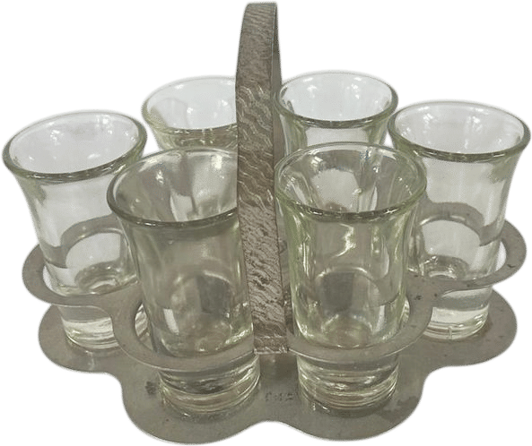 Vintage French Metal & Glass Shot Glass Caddy Set