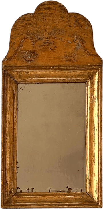 Rare Small Antique Swedish Folk Art Mirror in Gilded Wooden Frame, Dated 1820