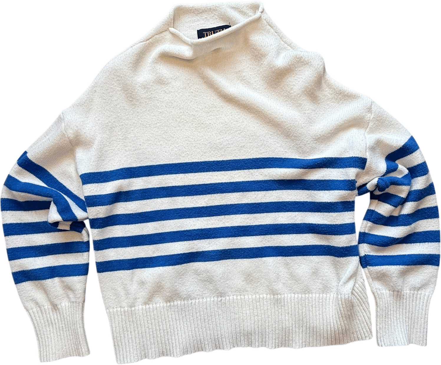 Vintage Truth by Republic Striped Mock Neck Sweater L — White Blue Nautical Knit