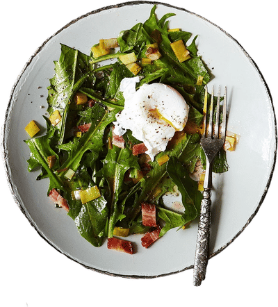 Dandelion Green Salad with Red Potatoes and Black Arkansas Apples