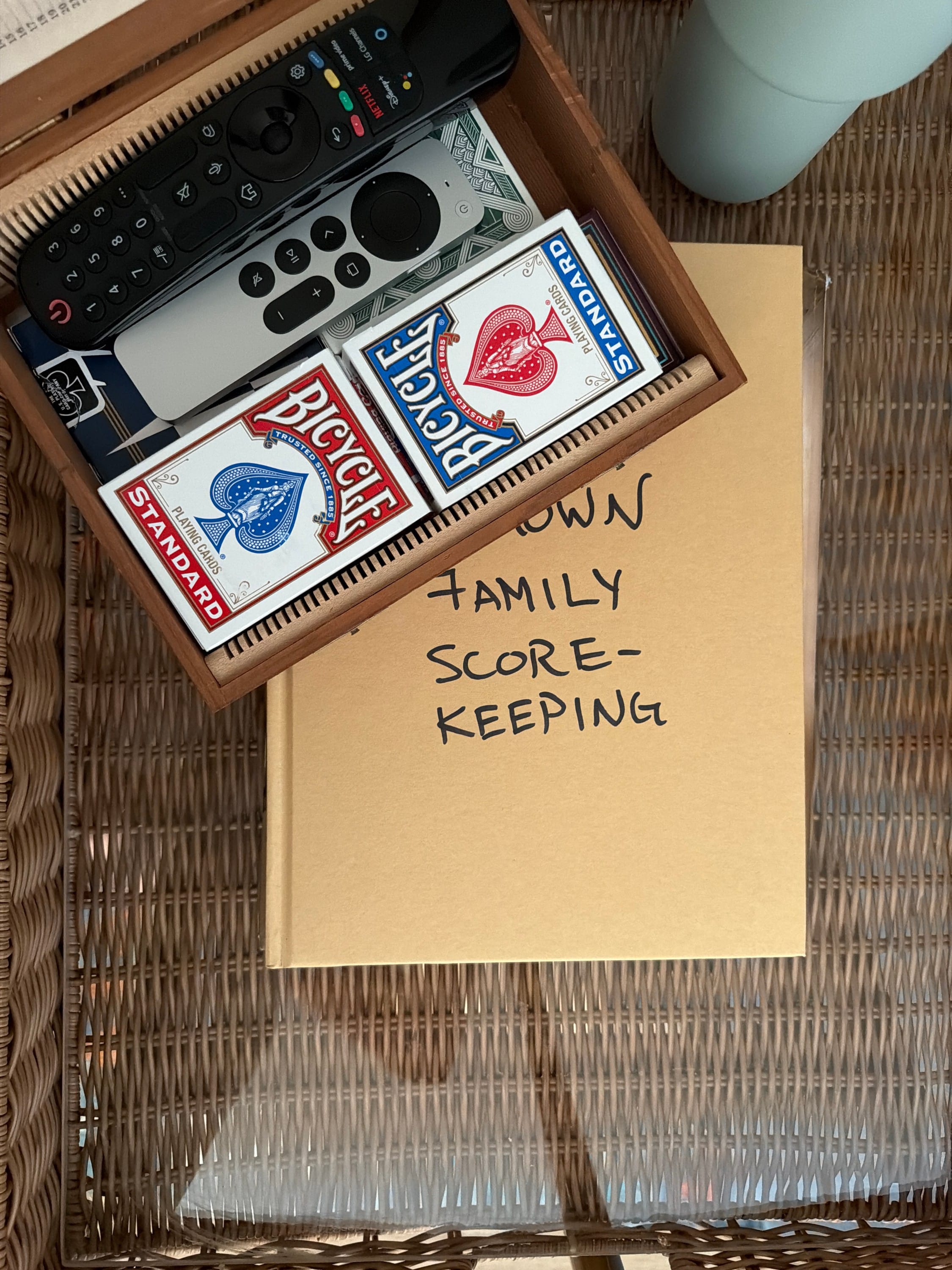 keep playing cards and a score keeping book in your living room with your remotes so you can *disconnect* and play some gin