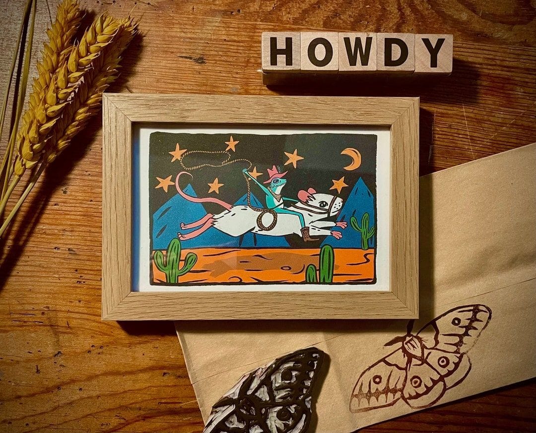 Cowboy Frog Riding Mouse Art Print