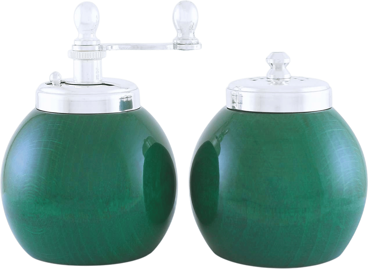 Chiarugi green wood and silver-plated brass salt shaker and pepper mill
