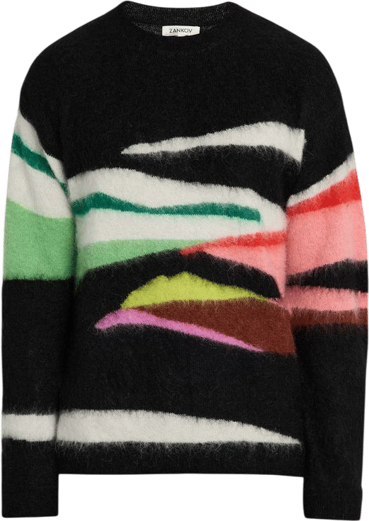 ZANKOV Men's Abstract Intarsia Brushed Mohair Crewneck Sweater