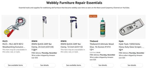 Next Level Carpentry's Amazon Page - Wobbly Furniture Repair Essentials