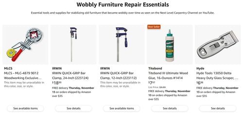 Next Level Carpentry's Amazon Page - Wobbly Furniture Repair Essentials