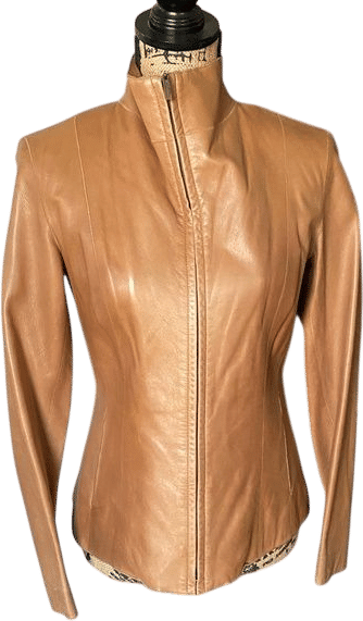 Cole Haan Women's Jacket in Tan Lambskin. Full Zippper, Stand-up Collar. S. 2