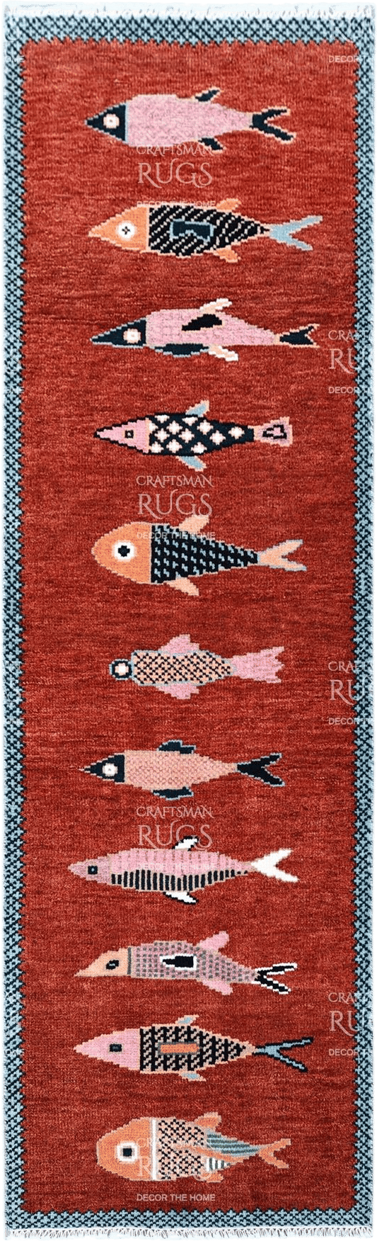 Handknotted Fish Design Runner Rug