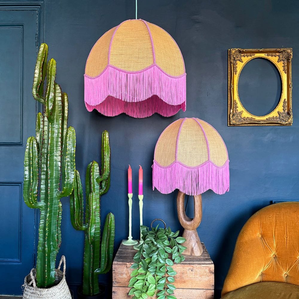 Birdie Fringed Dome Hessian Lampshade with Pink Trim