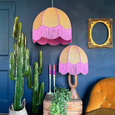 Birdie Fringed Dome Hessian Lampshade with Pink Trim