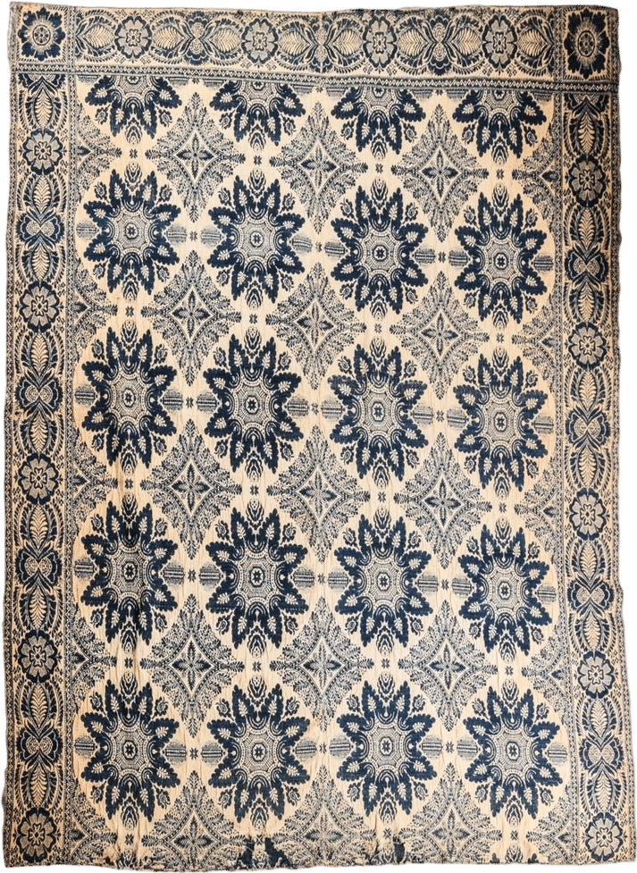 Antique Jacquard Bed Cover Blue Floral Star Motif