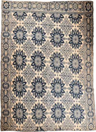 Antique Jacquard Bed Cover Blue Floral Star Motif