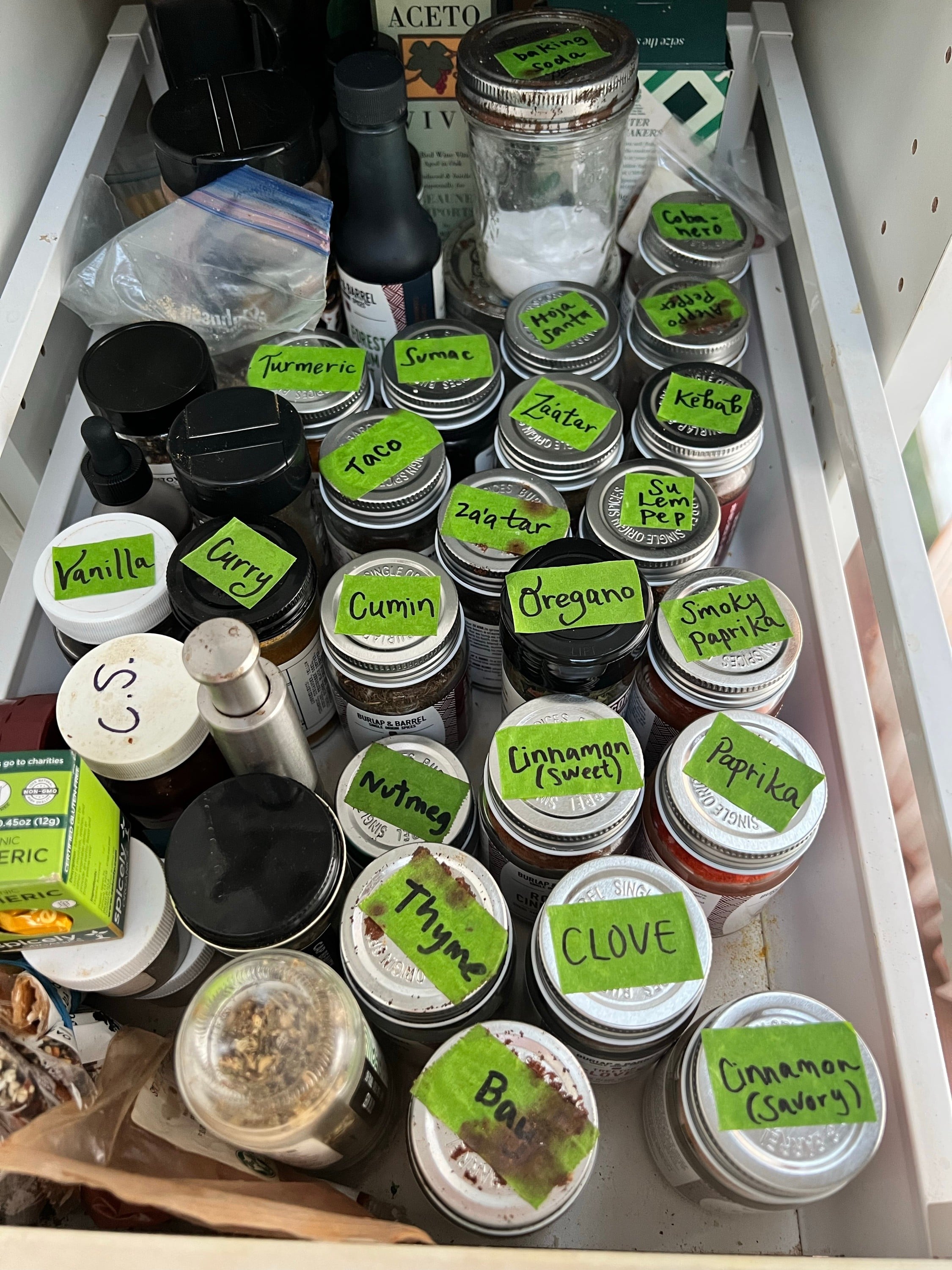 Spices in a Drawer, Label the Tops