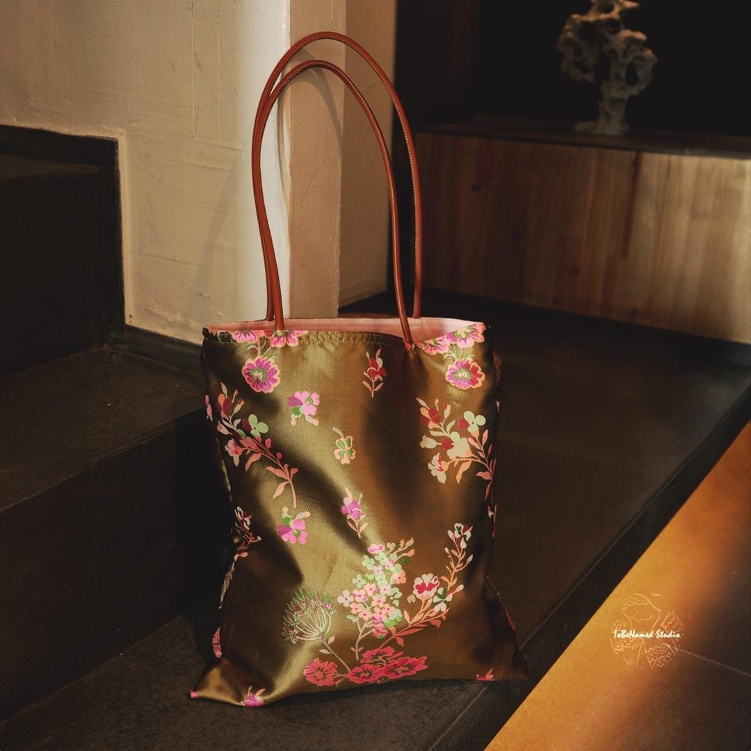 Peach Blossom Floral Satin Tote Bag