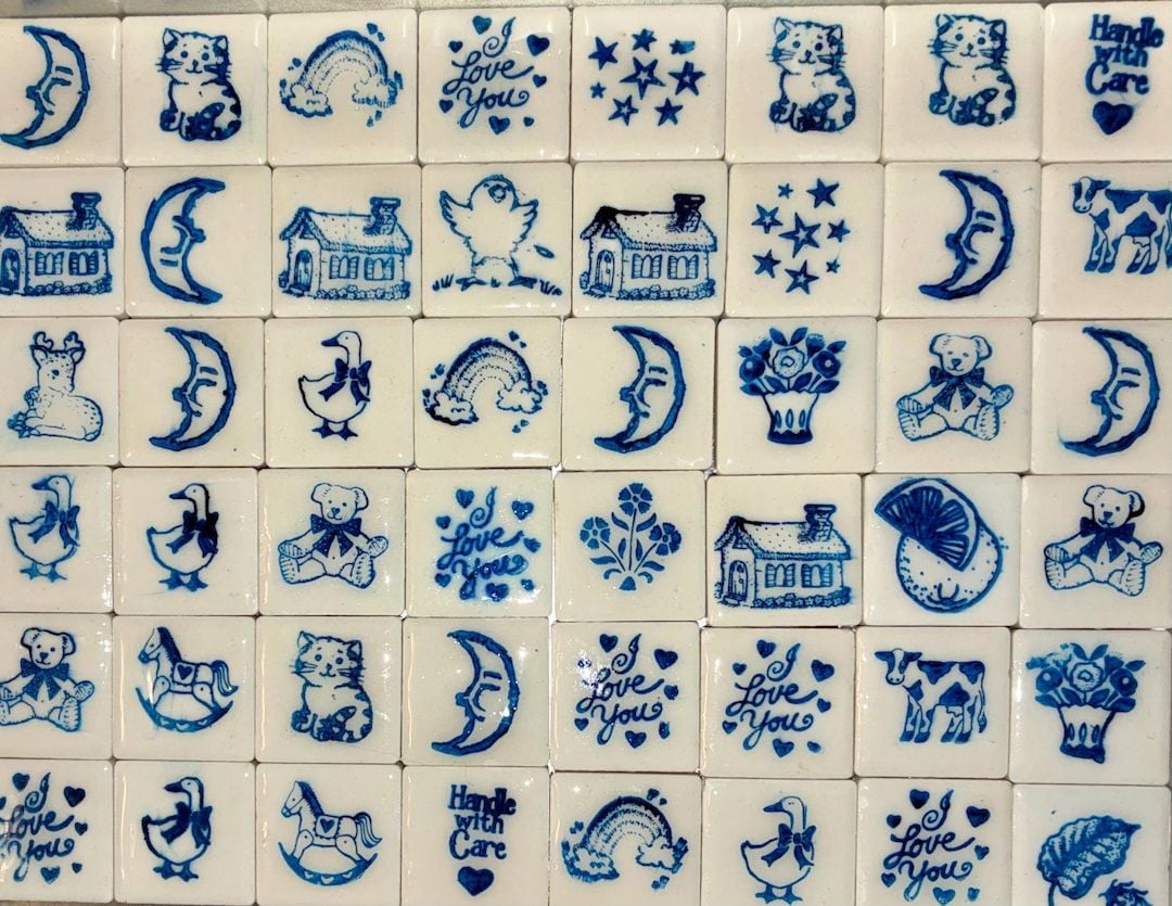Handmade Blue Porcelain Vintage Rubber Stamp Art Ceramic Fridge Magnets