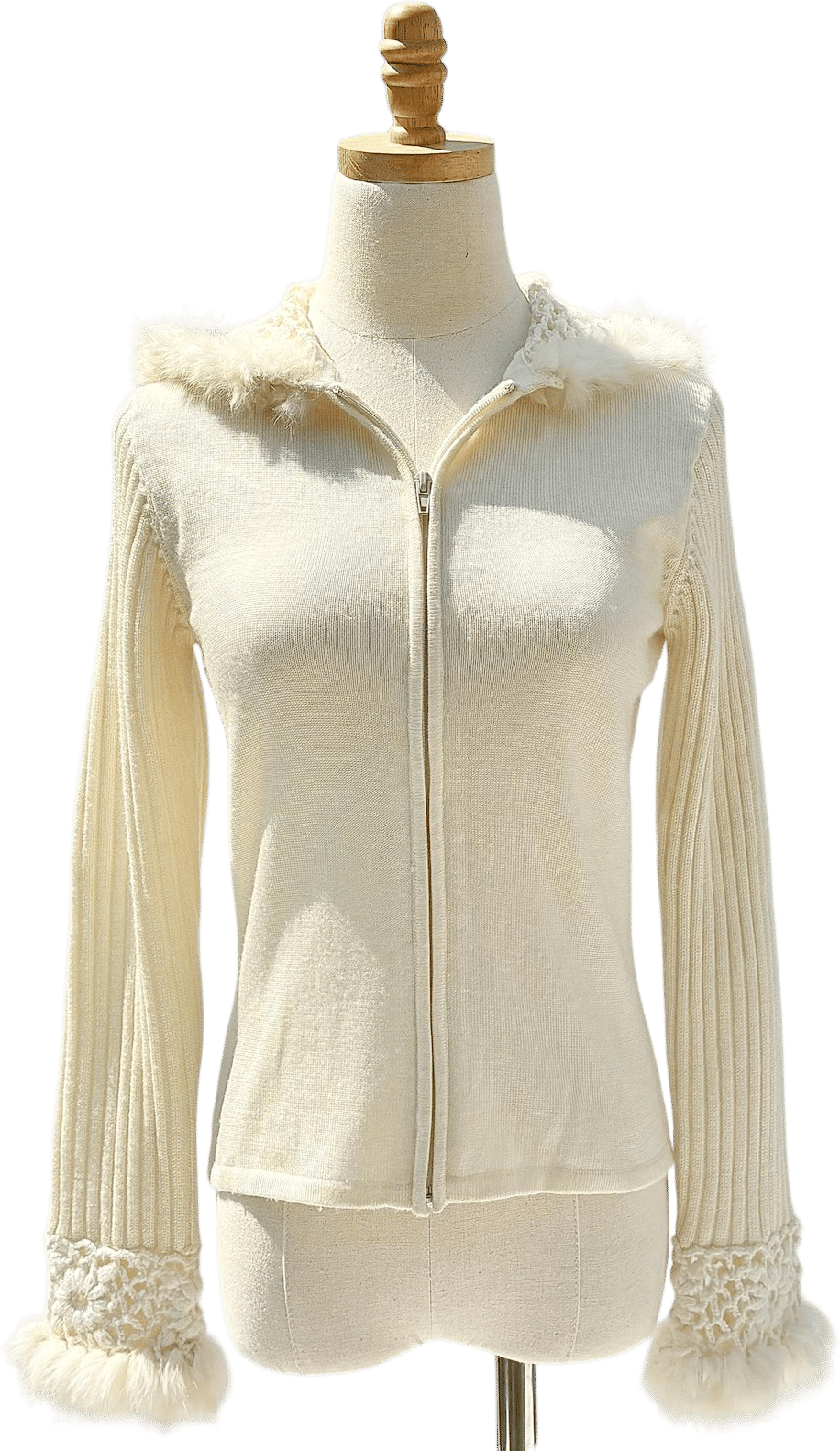 Vintage Fur Trim Snow Bunny Sweater, Ivory, Small, Crochet Details