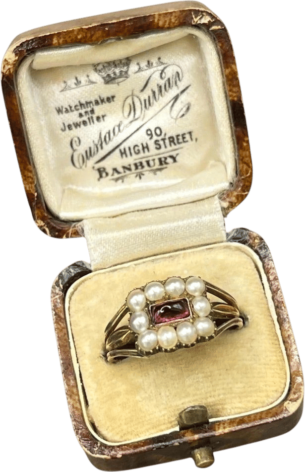 Antique 9ct Gold Victorian Pearl and Garnet Cluster Ring (1861)