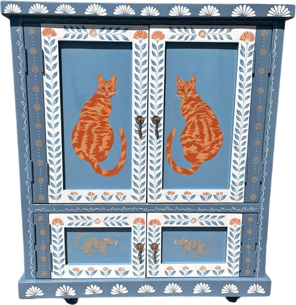 Hand Painted Cat Cabinet - Solid Wood