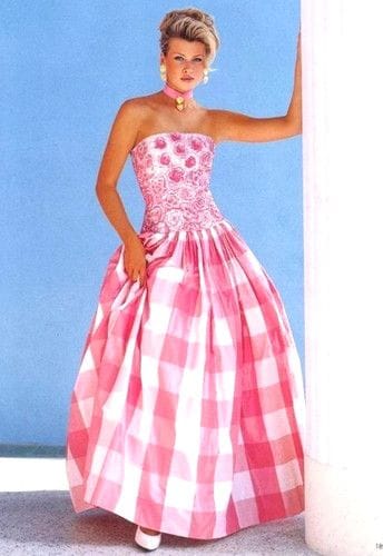 ESCADA Couture 1994 Pink Plaid Beaded Gown