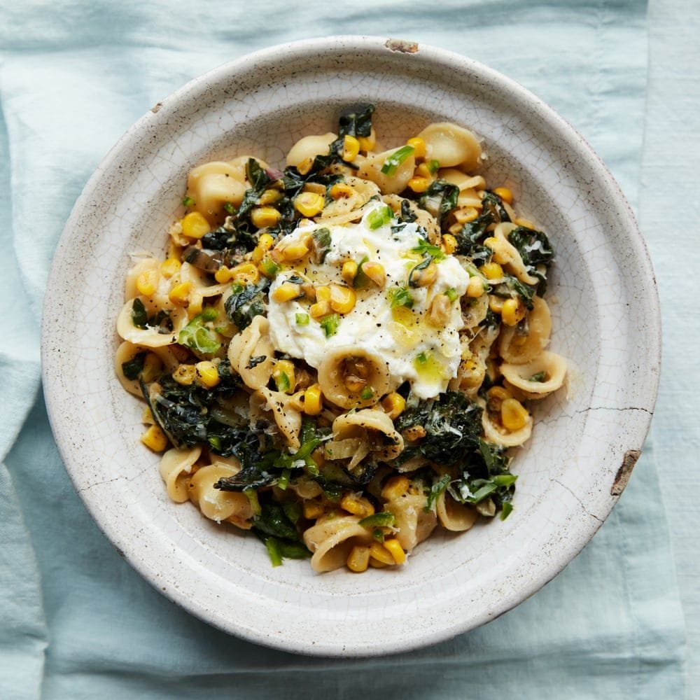 Anna Jones' creamy corn, kale, jalapeno, lemon, basil pasta