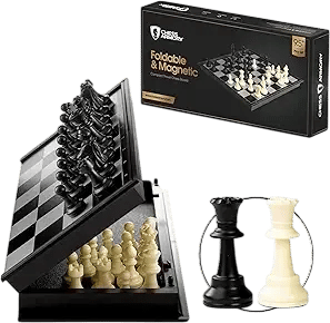 Chess Armory Magnetic 9.5 Inches Travel Chess Set - Folding Board with Storage Box & 2 Extra Queen.