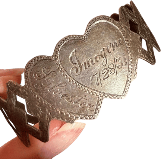 Antique 1930s Sterling Silver Art Deco Double Heart Sweetheart Cuff Bracelet