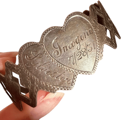 Antique 1930s Sterling Silver Art Deco Double Heart Sweetheart Cuff Bracelet