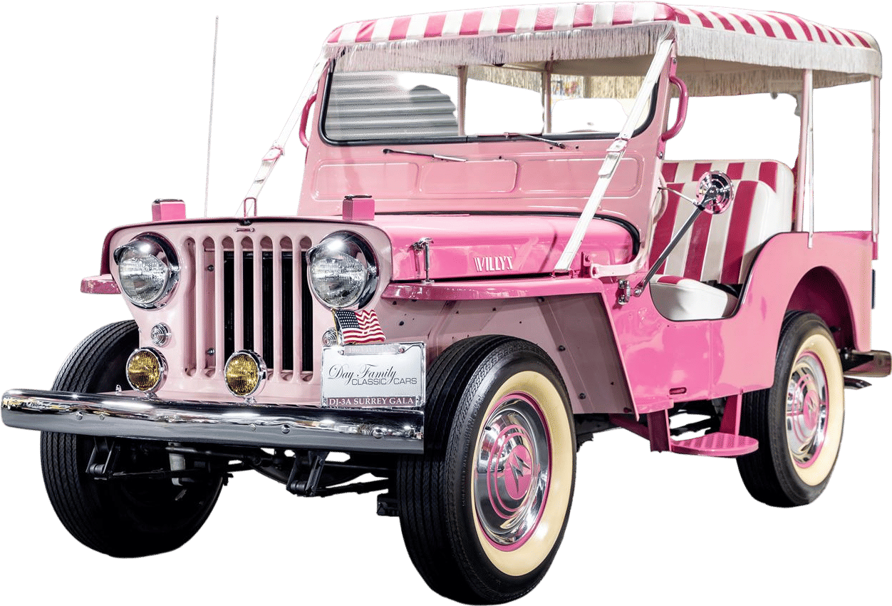 Wartime jeep in pink stripe, white fringe drag (1959-1964)