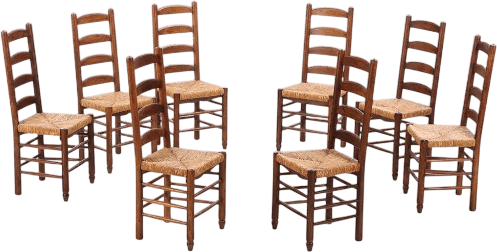 French Oak and Rush Dining Chairs in the Manner of Charlotte Perriand, Circa 1950 - Set of 8