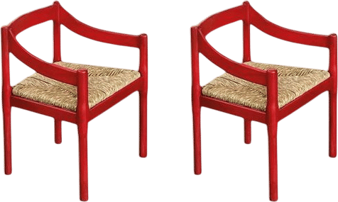 Vico Magistretti C1960s Carimate Chairs Lacquered In Emperor's Silk Red with brand new rush seats - 12 available, price per chair