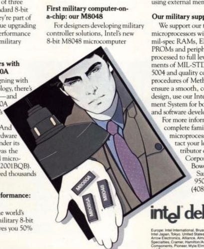 Patrick Nagel Illustrates an ad for Intel Military Hardware, 1979