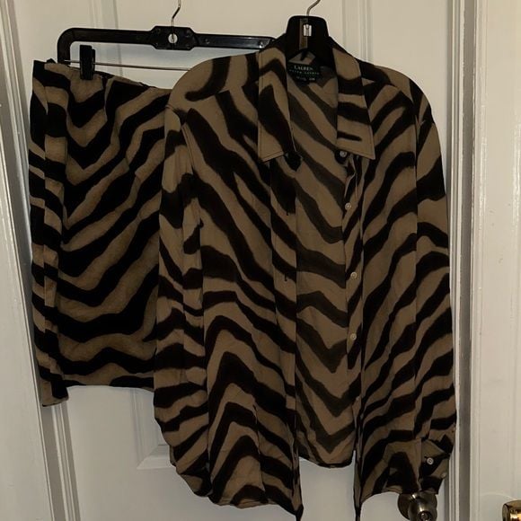 Zebra-Print Button-Down Shirt and Skirt Set