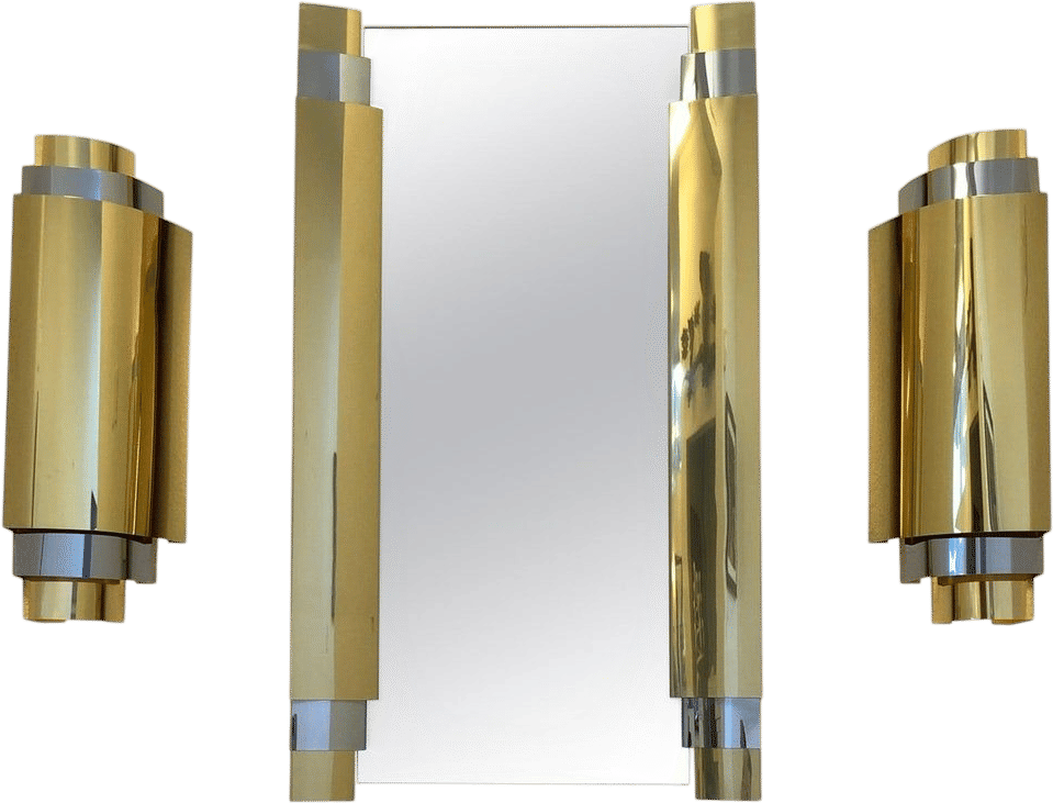 Brass and Chrome Mirror and Sconces
