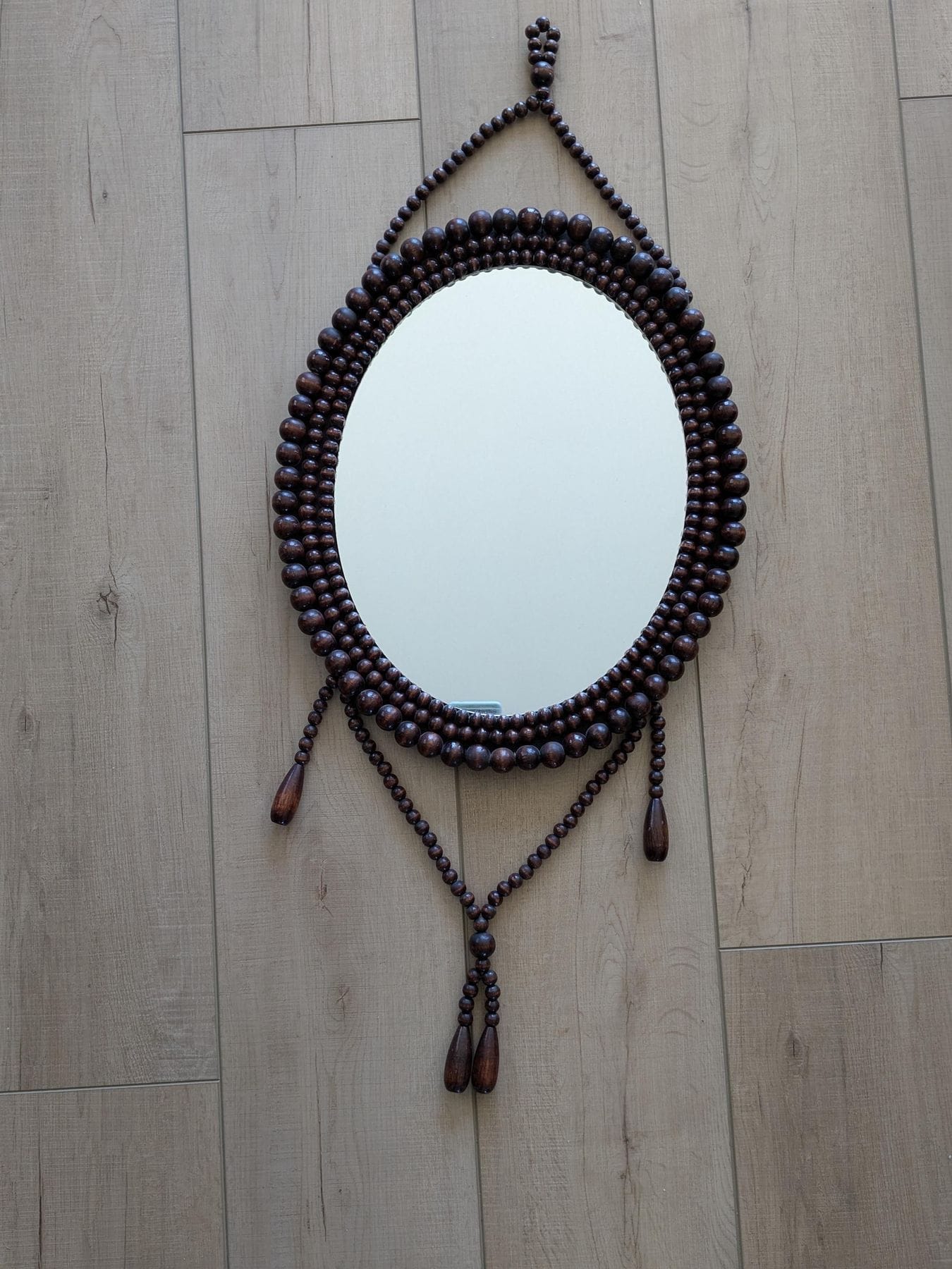 Vintage Wooden Beaded Wall Mirror with Tassel Details