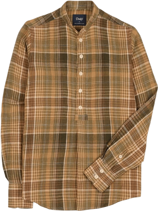 Brown Check Linen Mandarin Collar Popover Shirt