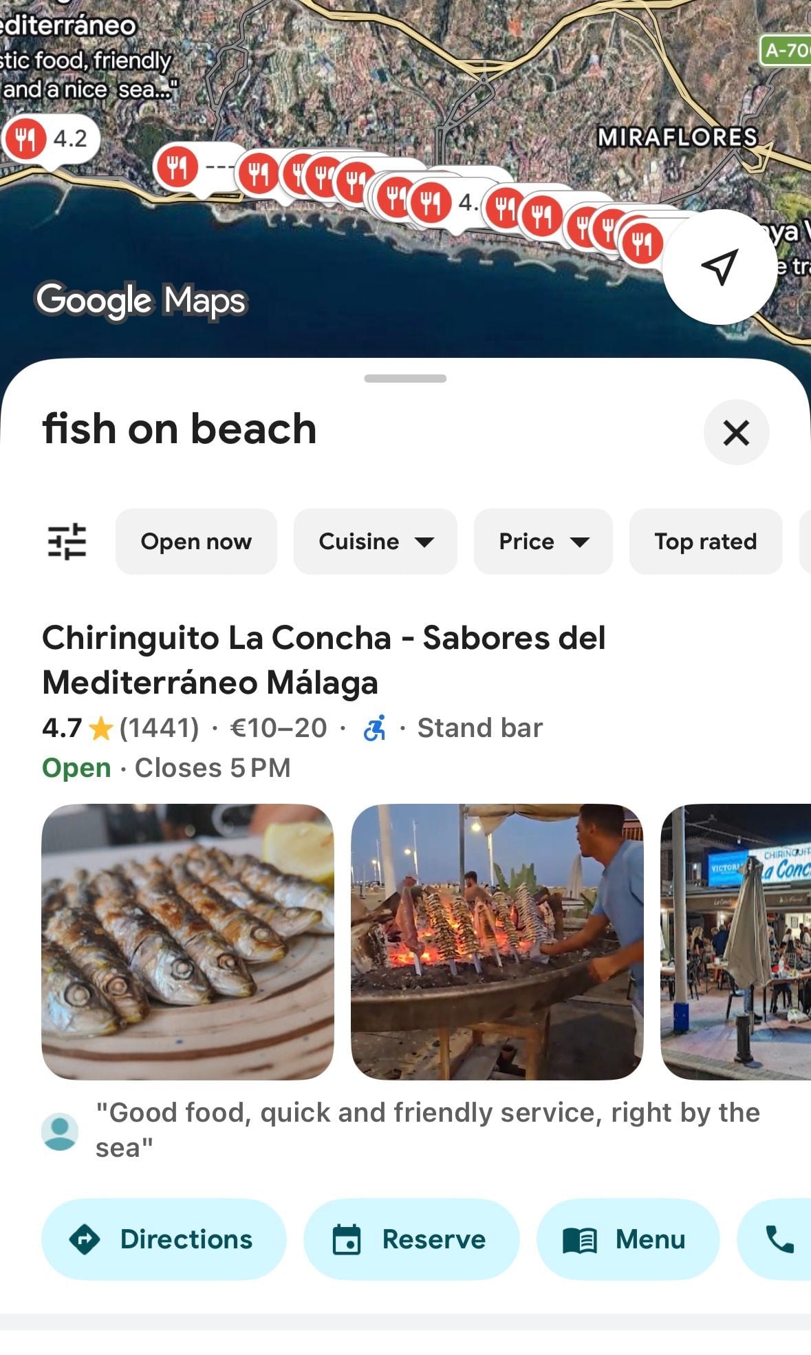 Fresh grilled fish on the Malaga beaches