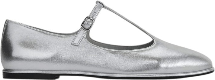 The Leather T-Strap Flat | Silver