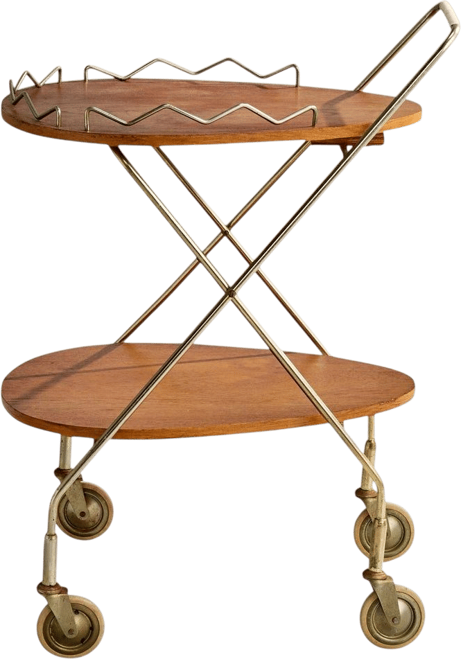 1950s Swedish Brass & Oak Bar Cart