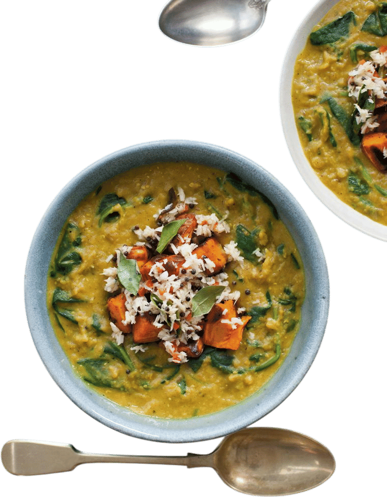 Dhal with crispy sweet potato and quick coconut chutney