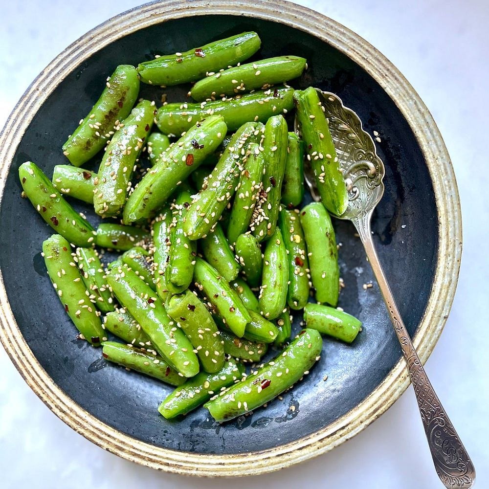 Snap Peas, Chili Flakes + Sesame Seeds Recipe