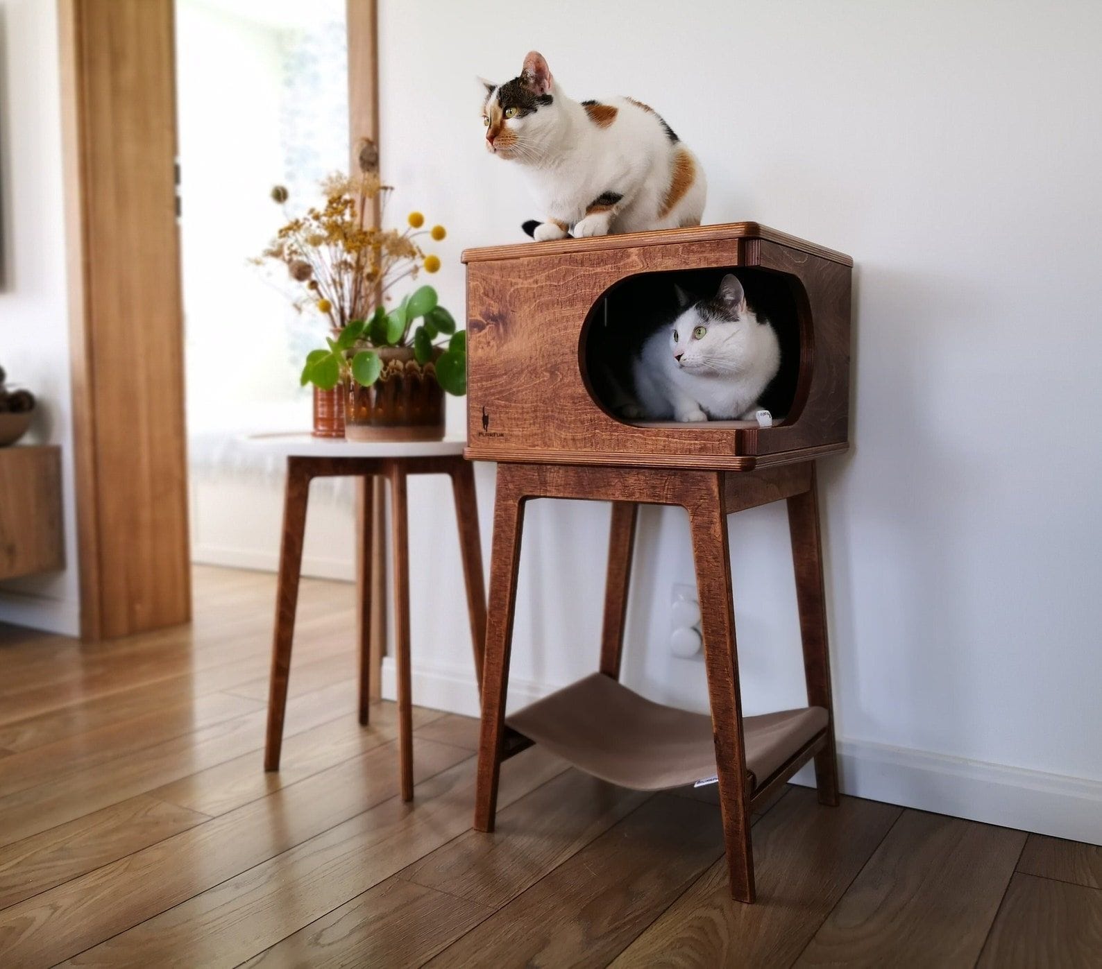 Dark Oak Cat House with Hammock: Rustic Cat Bed for Two Cats