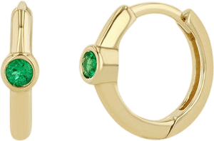 14k Single Emerald Bezel Small Hinge Huggie Hoop Earrings